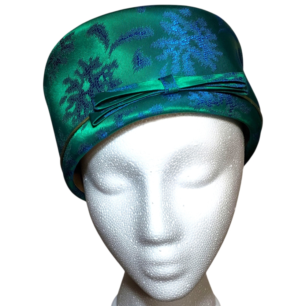 50s 60s Vintage Green Pillbox Hat With Blue Floral Print & Bow